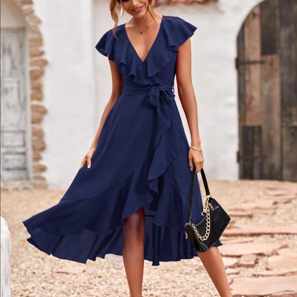 Solid Ruffle Hem Trim Belted Faux Wrap Dress New - Picture 3 of 10